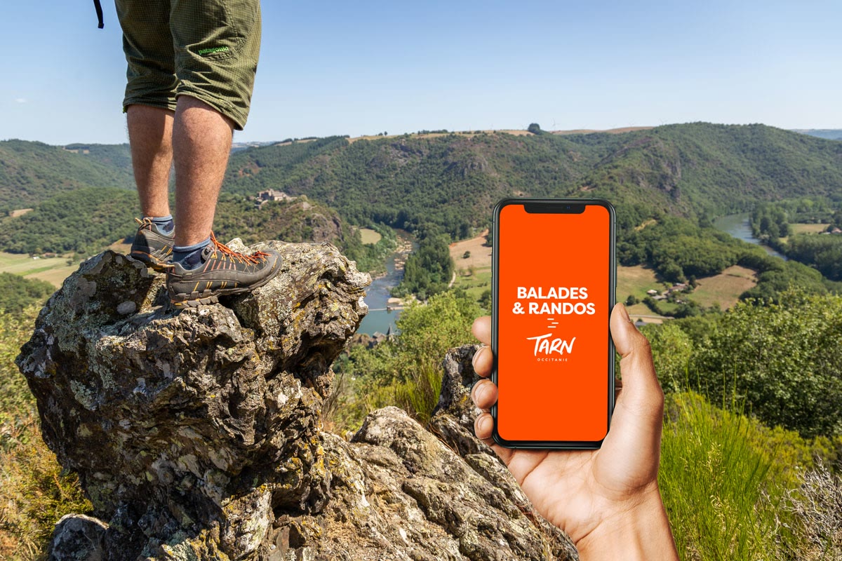 Randonneur consultant l’application Balades & Randos du Tarn face à la vallée