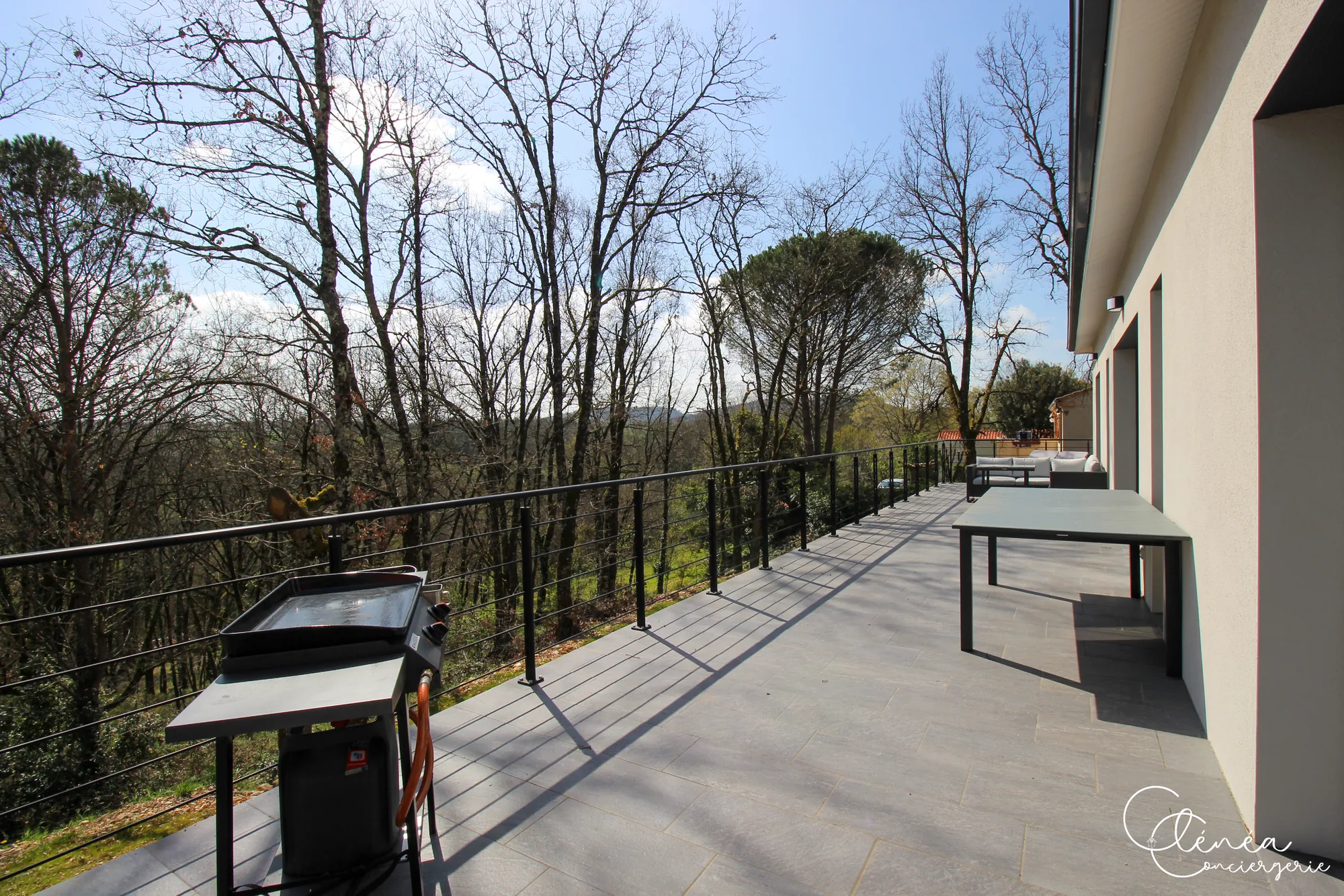 La Vigne — Plancha à gaz et grande table sur la terrasse, avec vue dégagée sur les arbres.