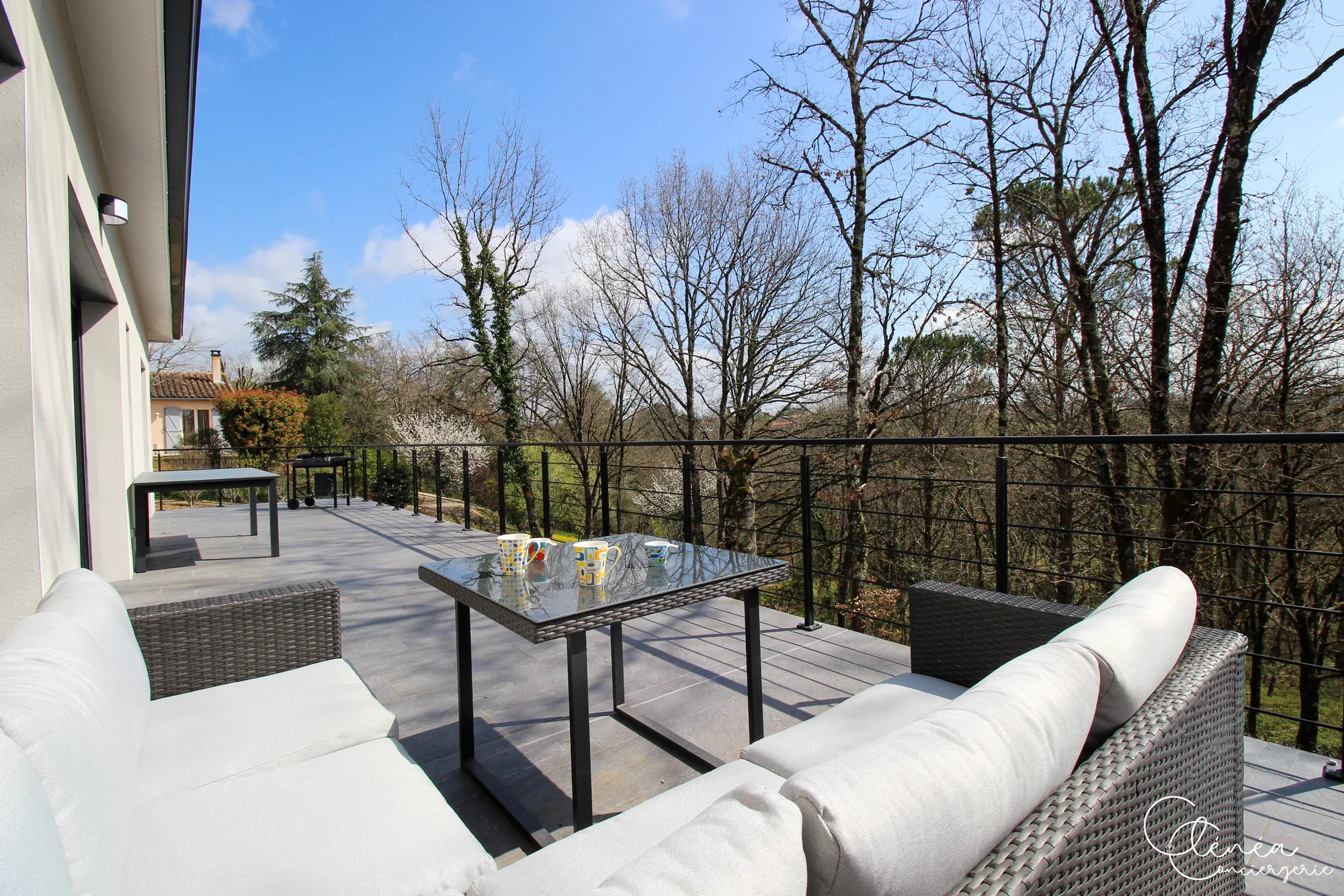 La Vigne — Salon de jardin et table basse sur la terrasse, face aux arbres et à la campagne.