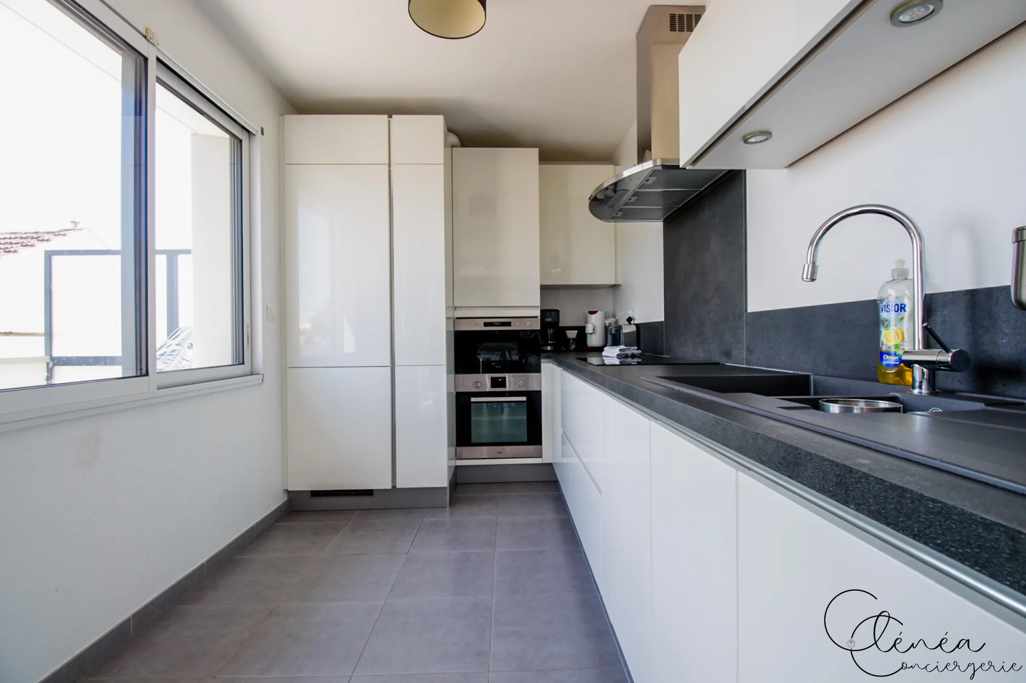 Urban Jungle — Cuisine linéaire avec four encastré, hotte suspendue, plaque à induction et évier installé sous la fenêtre.