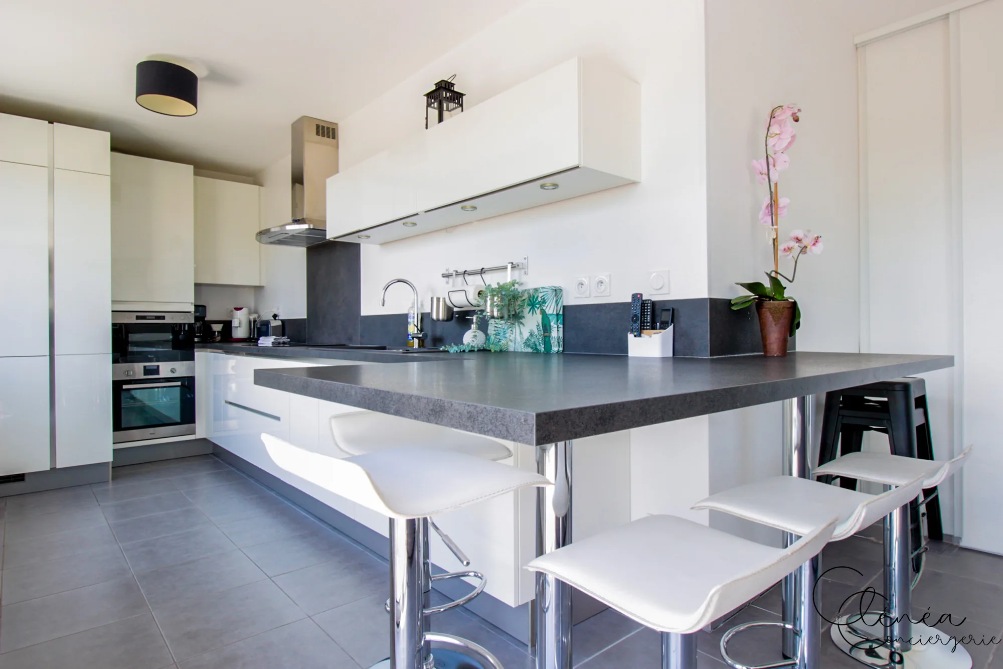Urban Jungle — Cuisine ouverte avec grand plan de travail formant un bar et ses tabourets hauts.