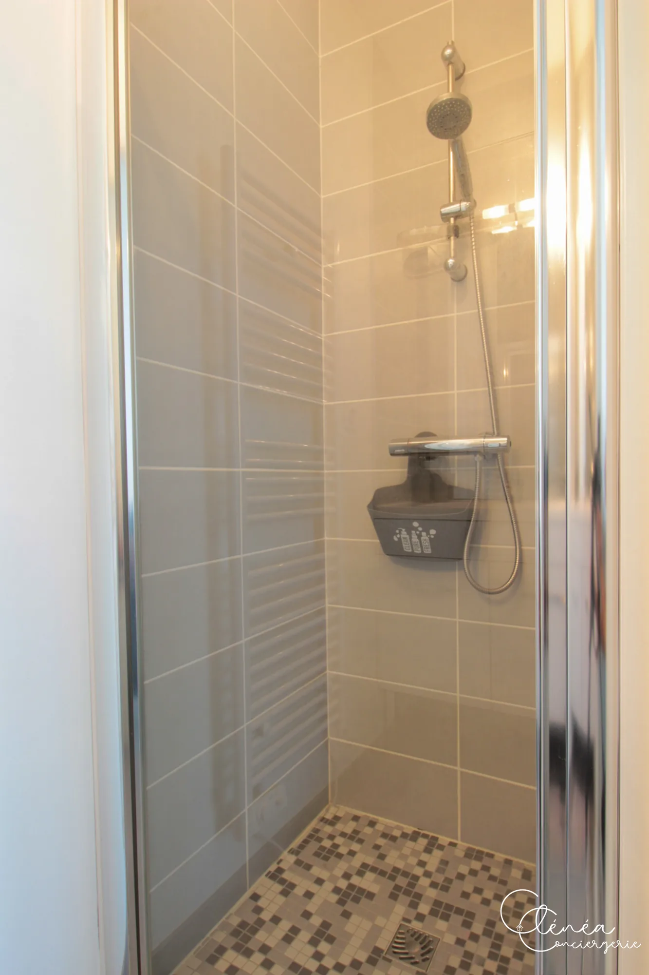 Urban Jungle — Cabine de douche carrelée équipée d’un sèche-serviettes, dans la salle d’eau privative d’une chambre.