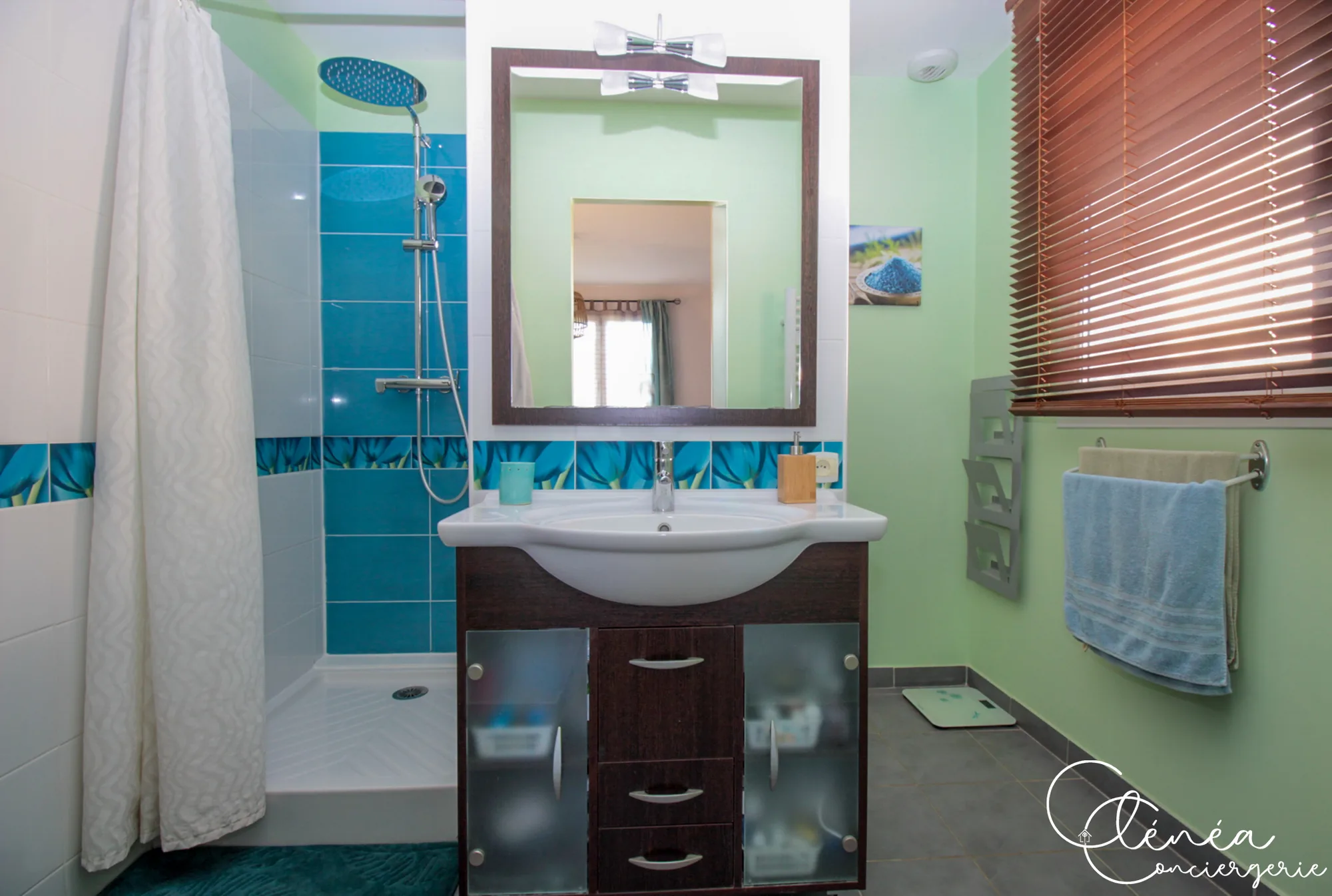 Villa Chanoine — La salle d'eau aux murs verts avec sa douche, sa vasque sous miroir et son sèche-serviettes.