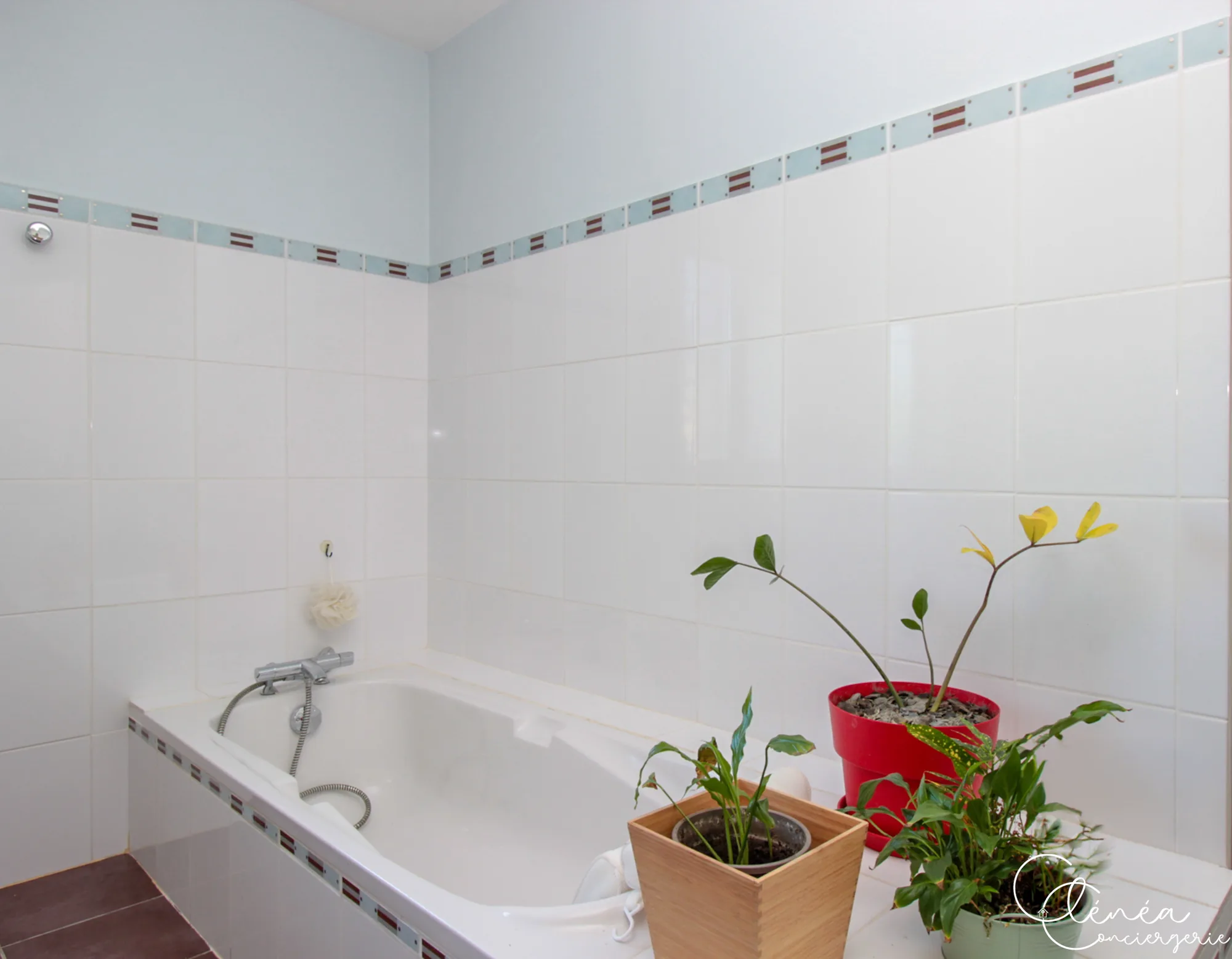 Villa Chanoine — La baignoire de la salle de bain principale, encadrée de faïence blanche et de plantes vertes.