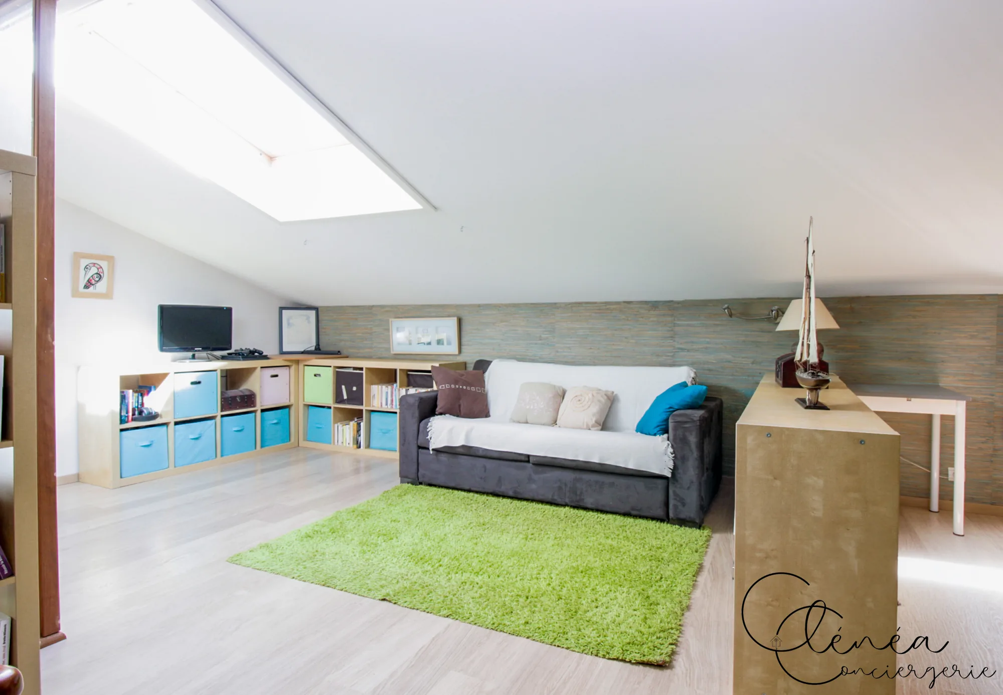 Villa Chanoine — Le coin détente de la pièce sous les combles, avec son canapé, son tapis vert et ses casiers de rangement.